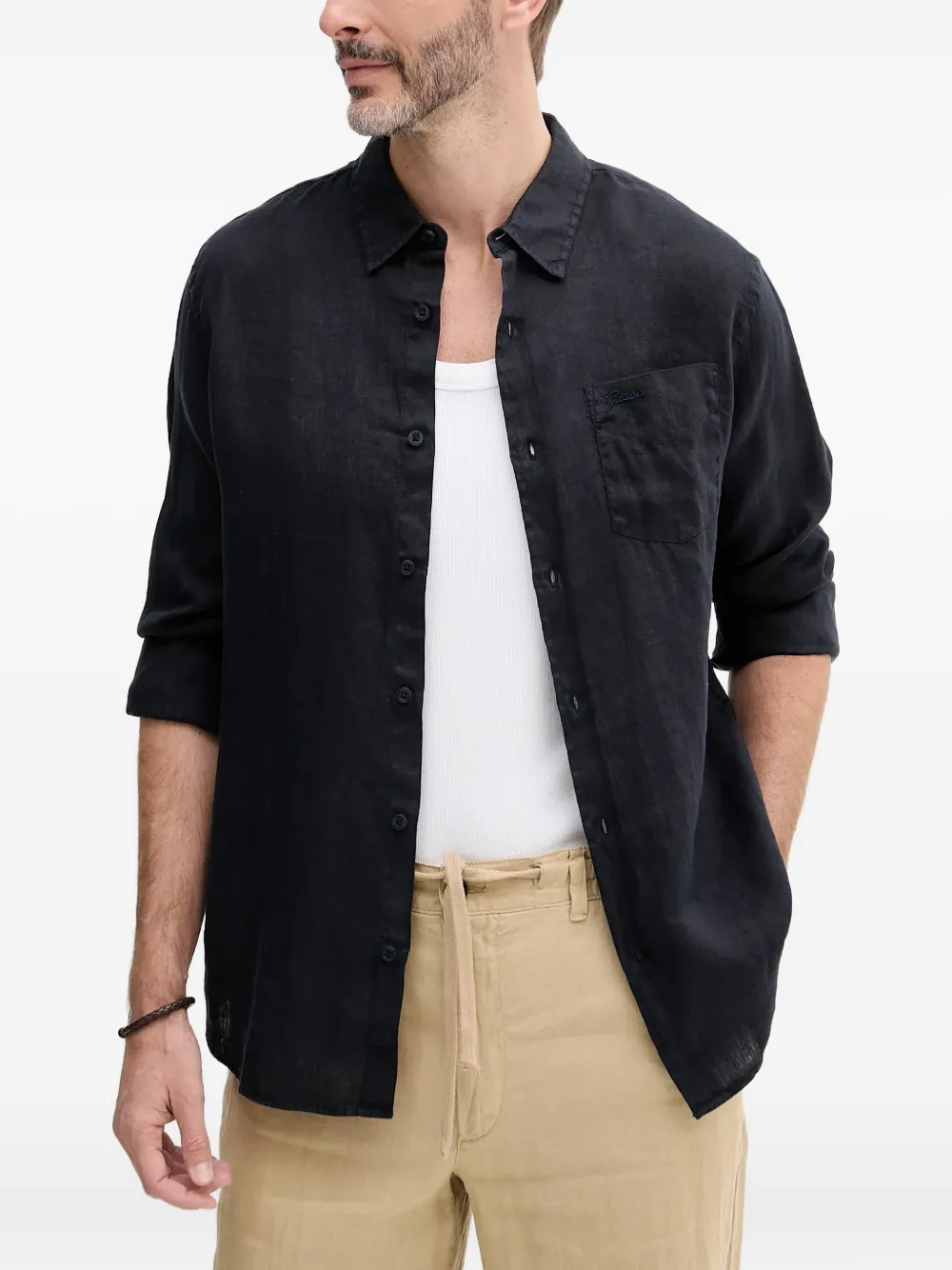 GUESS USA embroidered-pocket linen shirt - ブラック GUESS USA embroidered-pocket linen shirt - ブラック