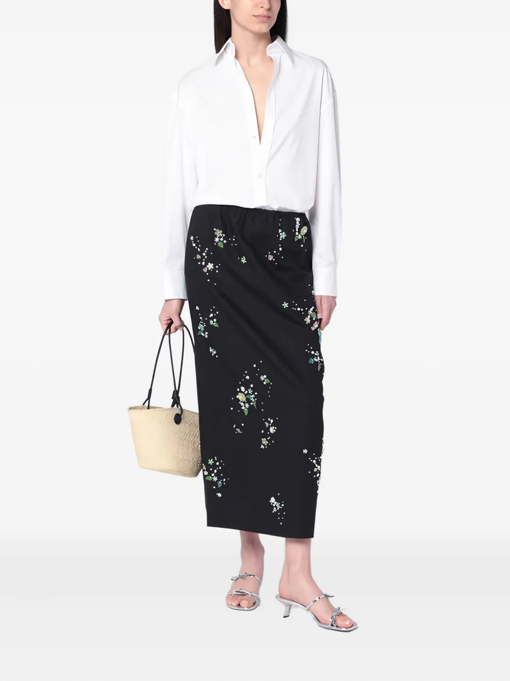 Bernadette Rok met elastische taille verfraaid met bloemen - Zwart