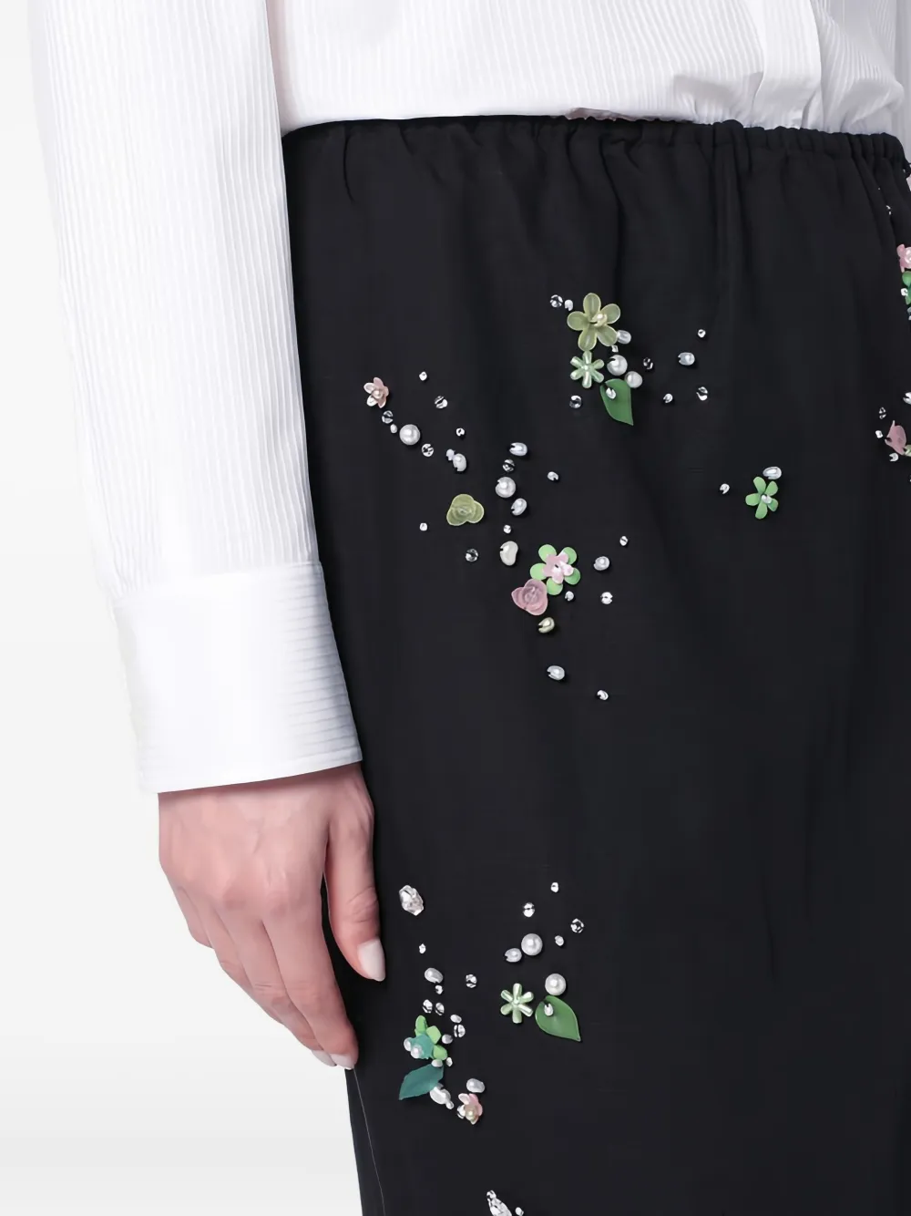 Bernadette Rok met elastische taille verfraaid met bloemen Zwart