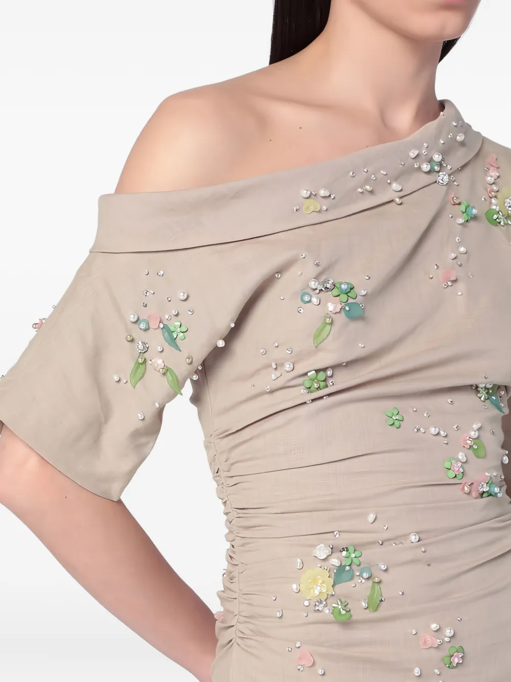 Bernadette Bowery Jewel-embroidered Cotton-linen Midi Dress In Multi