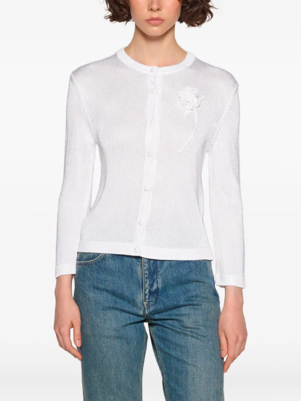 Jil Sander Crochet Flower Three-quarter Sleeve Cardigan In White