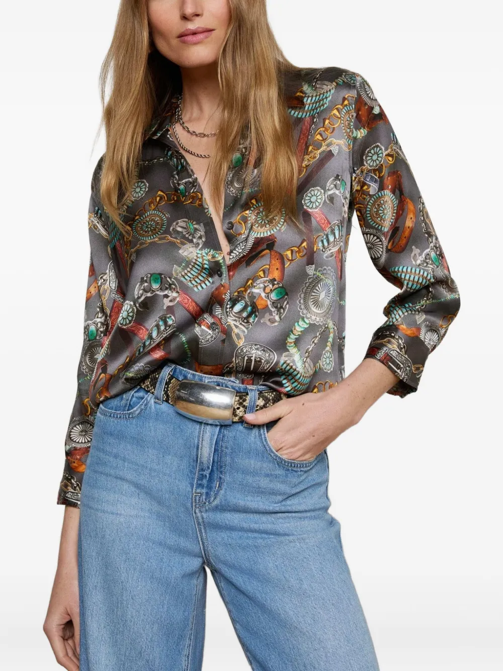 L Agence Three-quarter Sleeve Chain-print Shirt In Brown