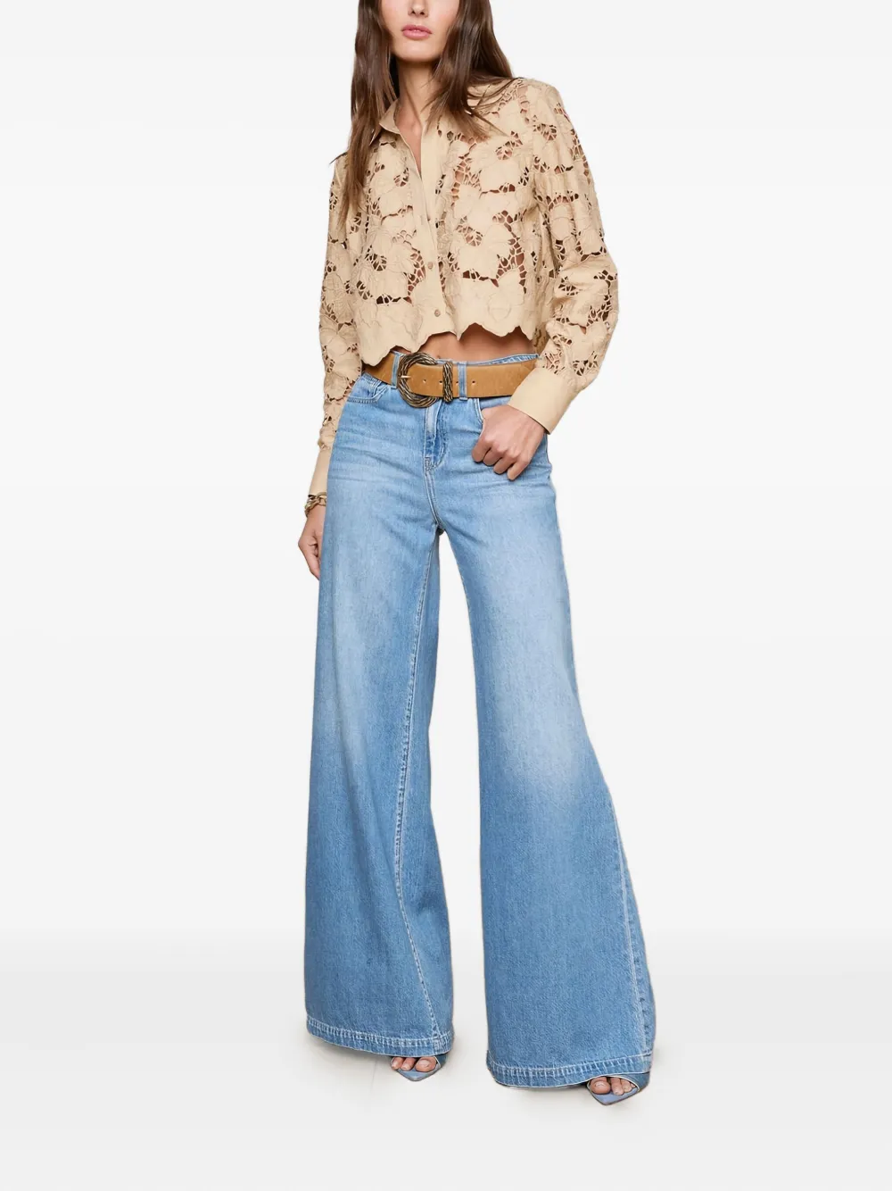 L'Agence Button-down top met bloemenkant - Beige