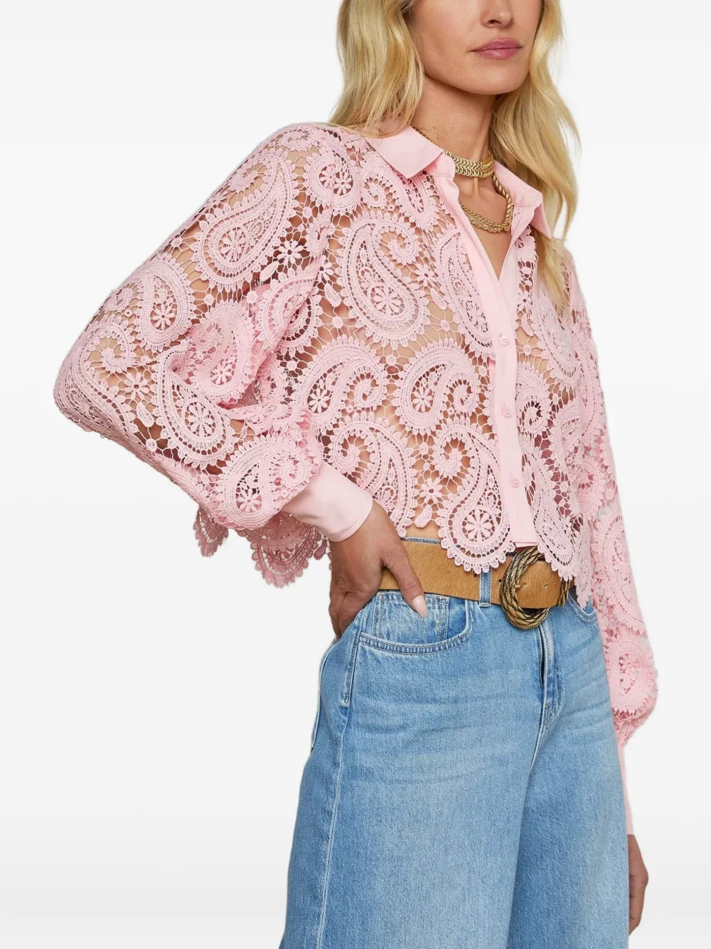 L Agence Odelia Paisley Lace Cropped Button-front Blouse In Pink