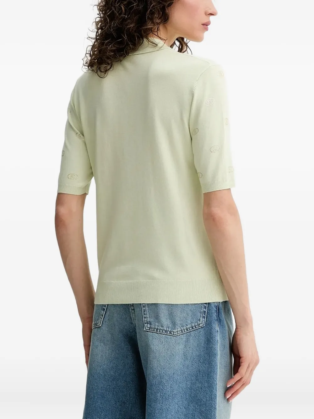 Liu •jo Embellished Knitted Polo Top In Green