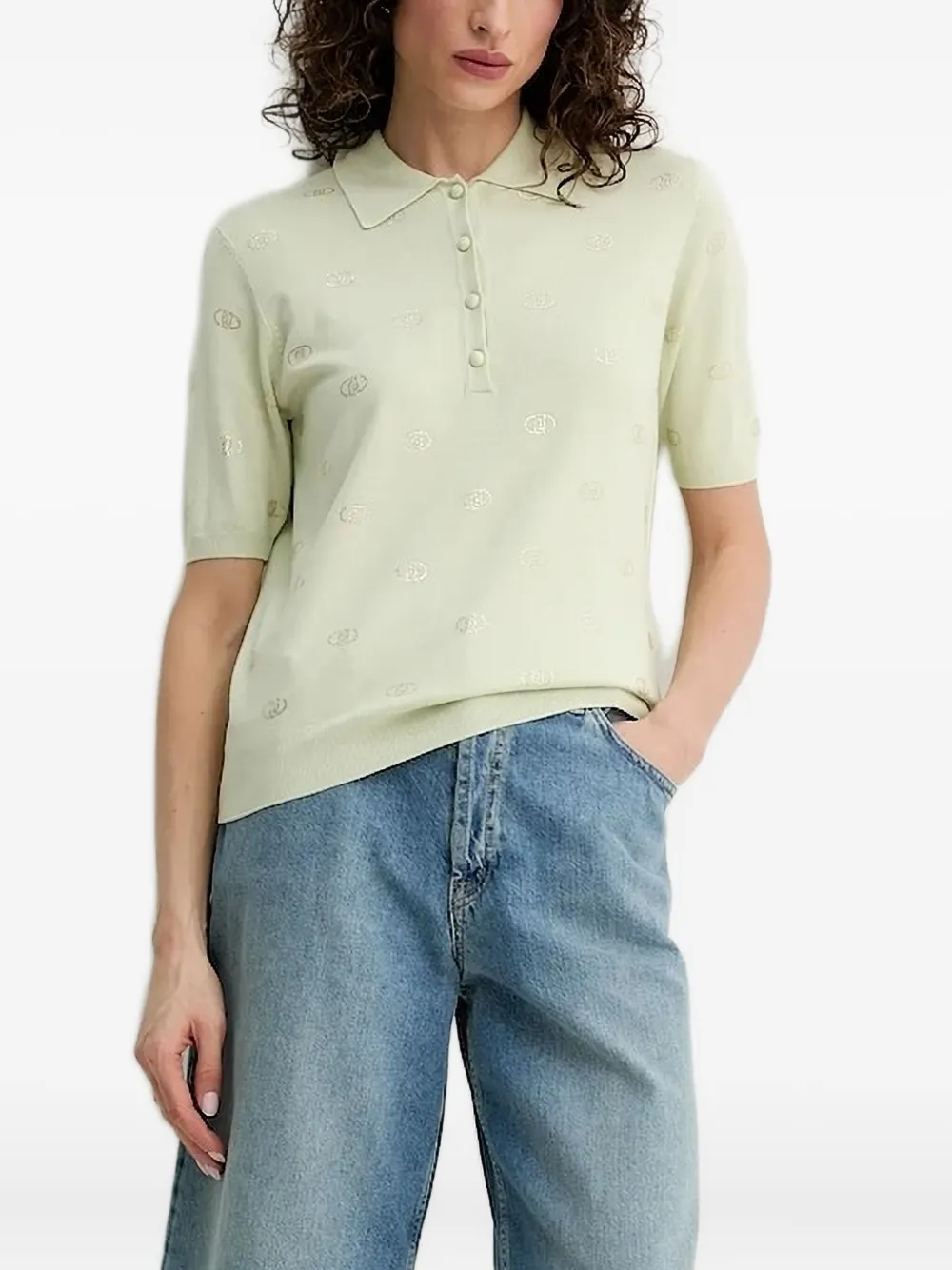 Liu •jo Embellished Knitted Polo Top In Green