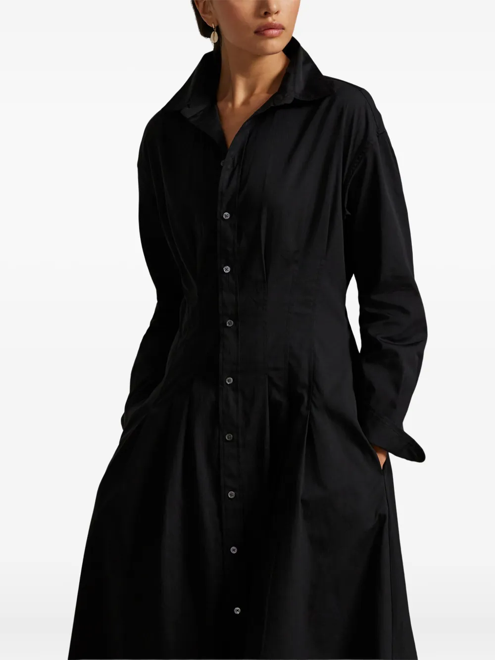Polo Ralph Lauren Collared Pleated Shirt Midi Dress In Black