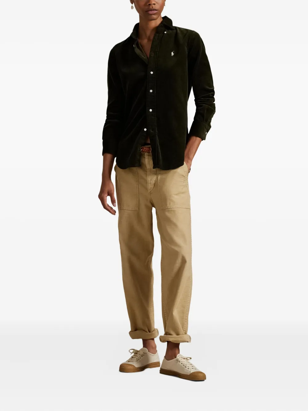 Polo Ralph Lauren Ribfluwelen blouse met lange mouwen en kraag Groen