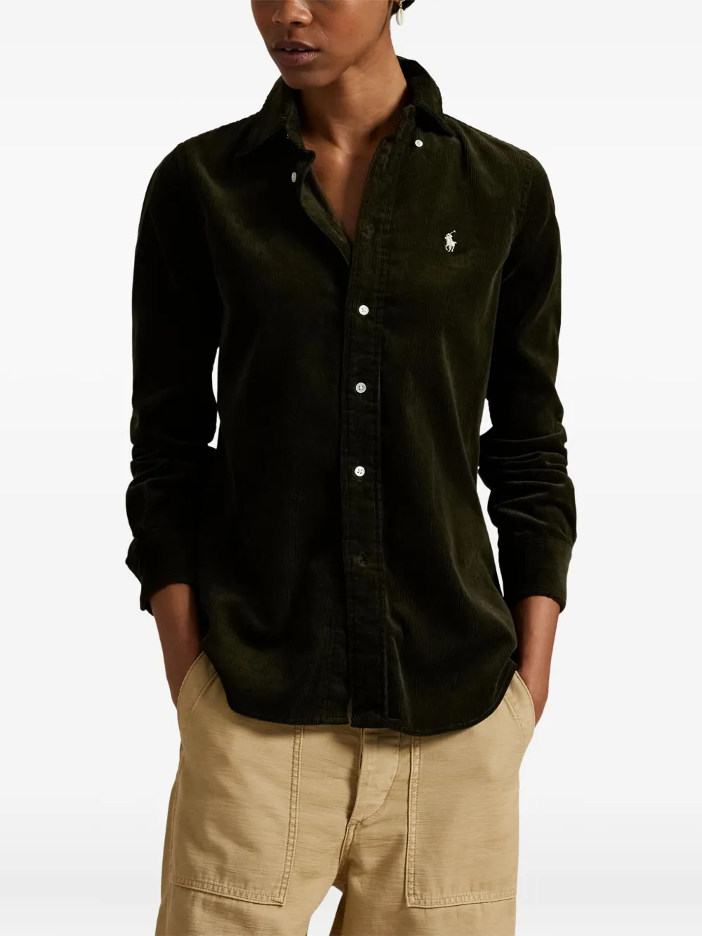 Polo Ralph Lauren Ribfluwelen blouse met lange mouwen en kraag Groen