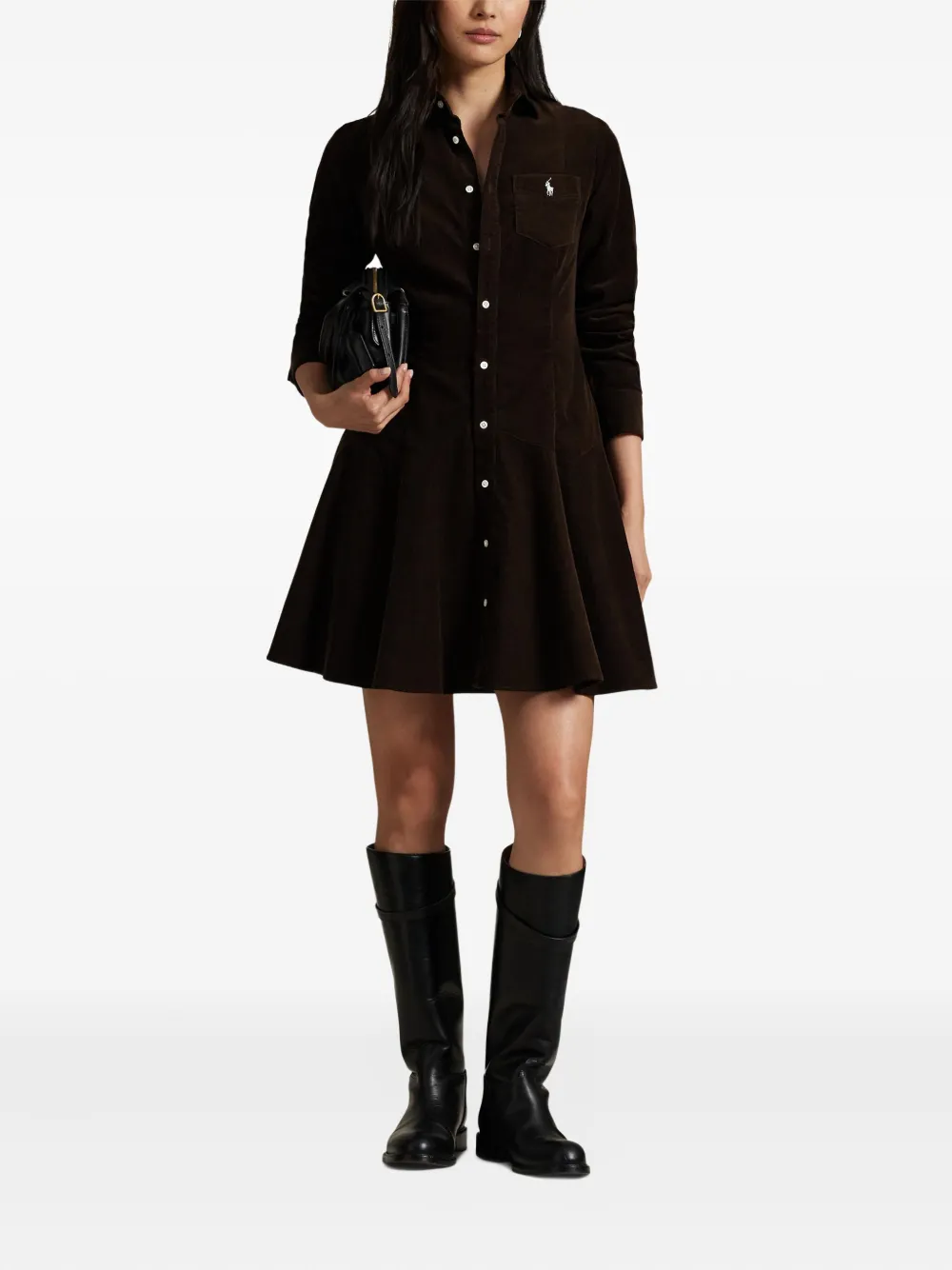 Polo Ralph Lauren Button-up ribfluwelen mini-jurk Zwart