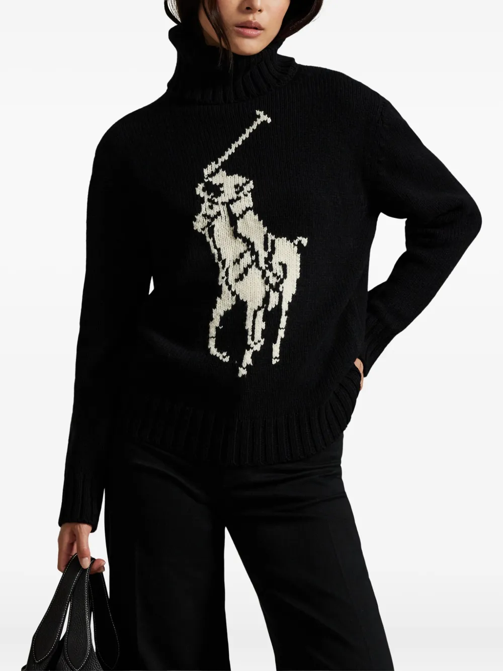 Polo Ralph Lauren Polo-player Intarsia Wool Sweater In Black