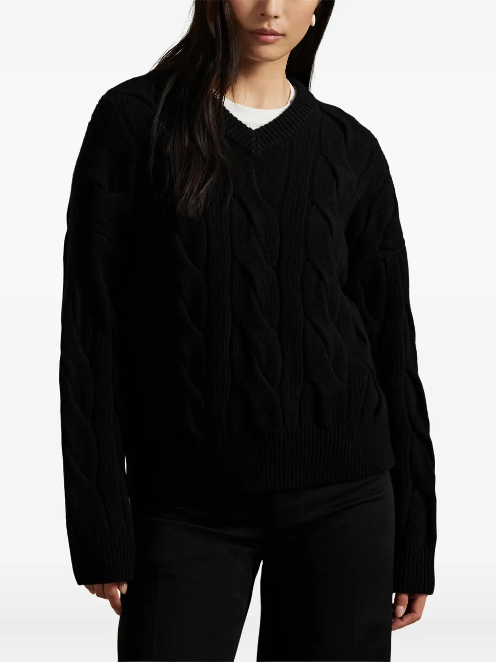 Polo Ralph Lauren Cable-knit V-neck Pullover Sweater In Black