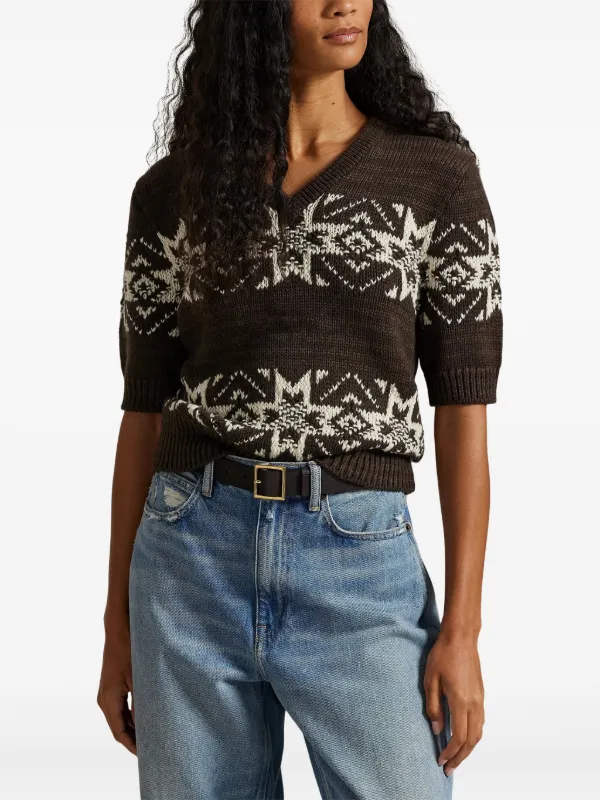 【一点物】【極上】【再構築】Damage Ralph Lauren knit Polo Ralph Lauren Fairisle-pattern V-neck Sweater | Brown