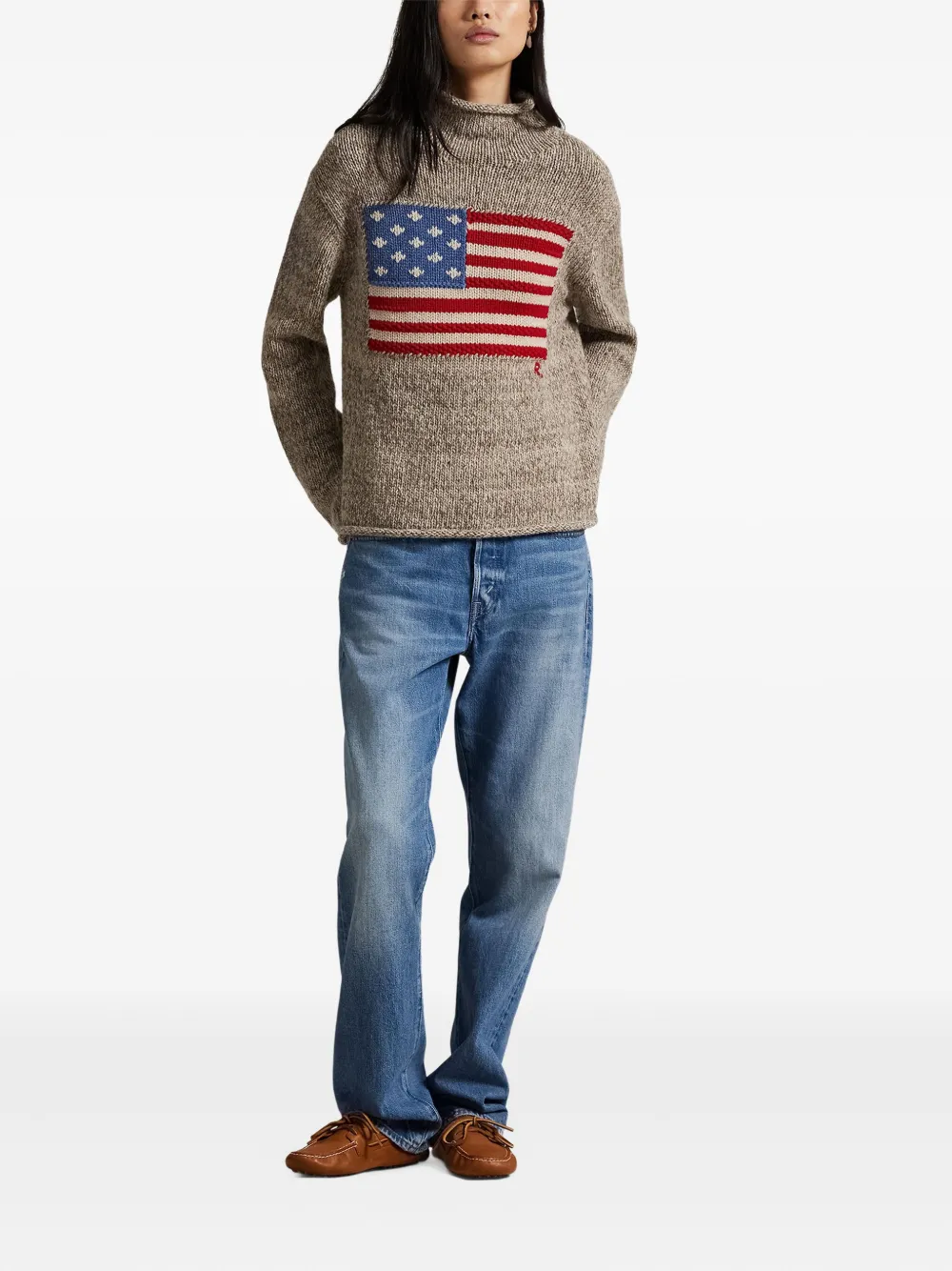 Polo Ralph Lauren Intarsia Flag Mock Neck Wool Blend Sweater In Brown