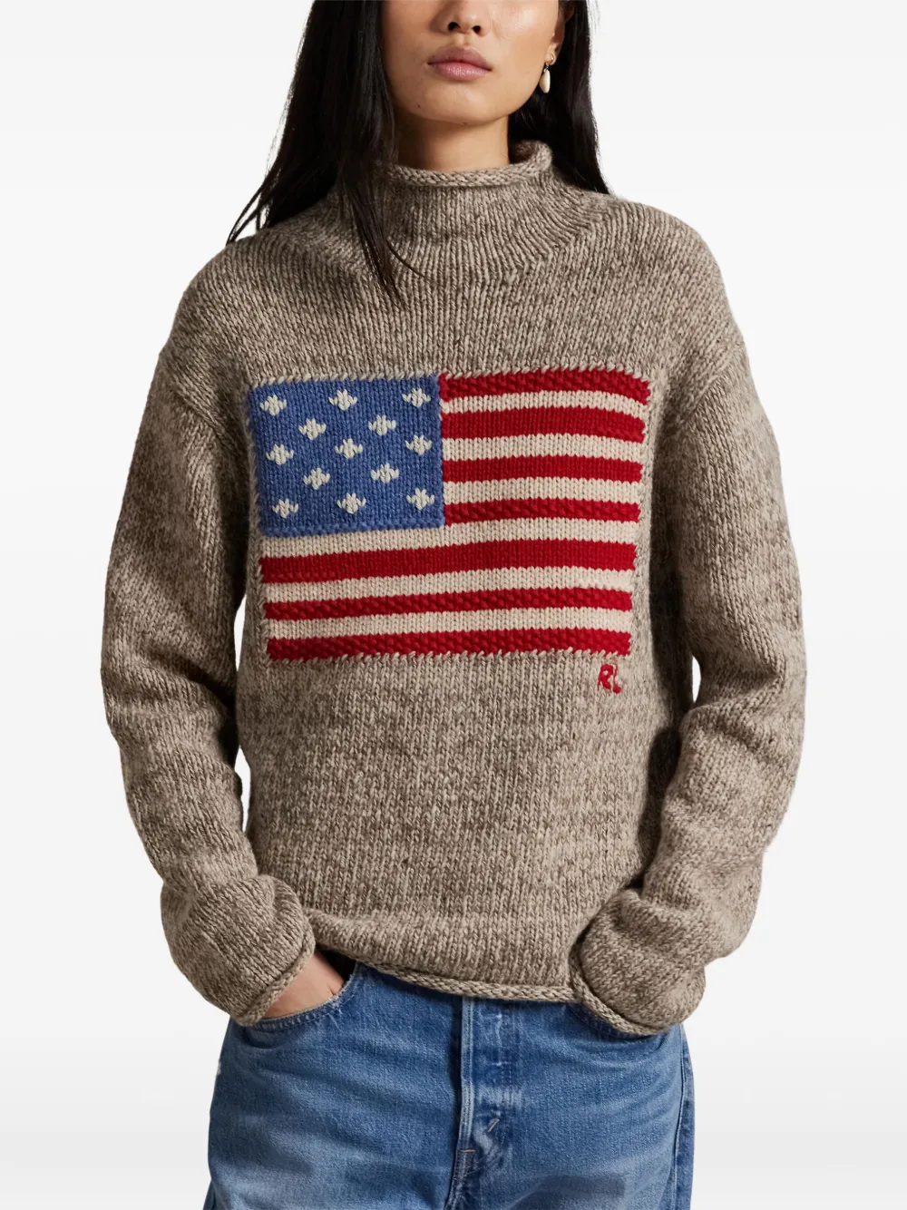 Polo Ralph Lauren Intarsia Flag Mock Neck Wool Blend Sweater In Brown