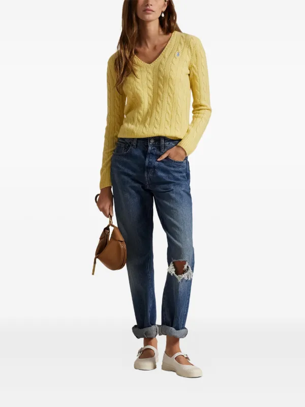 Polo by Ralph Lauren Vネックニット イエロー XL Polo Ralph Lauren cable-knit V-neck Sweater | Yellow | FARFETCH IN