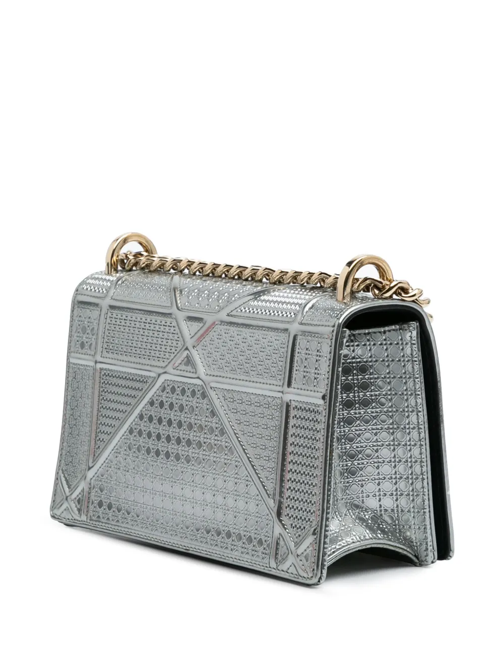 Pre-owned Dior 2017 Small Metallic Patent Microcannage Ama Flap Crossbody Bag In Silver