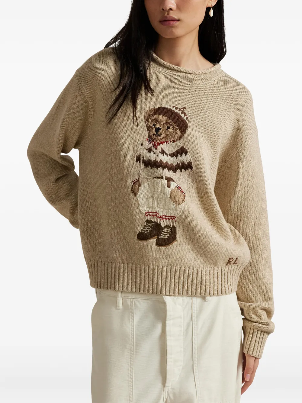 Polo Ralph Lauren Bear Graphic Roll Neck Sweater In Neutral
