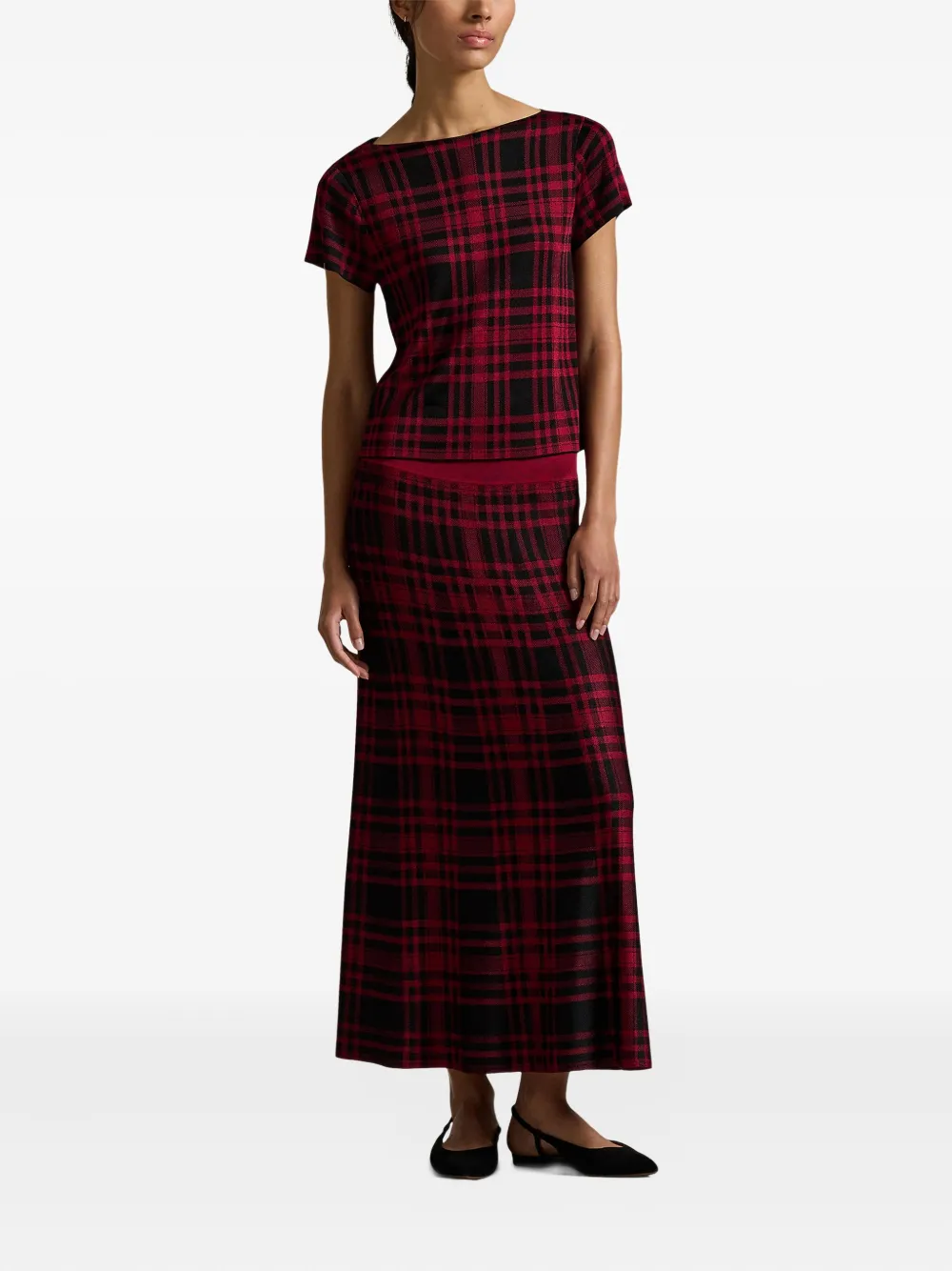 Polo Ralph Lauren Boat-neck Plaid T-shirt In Burgundy