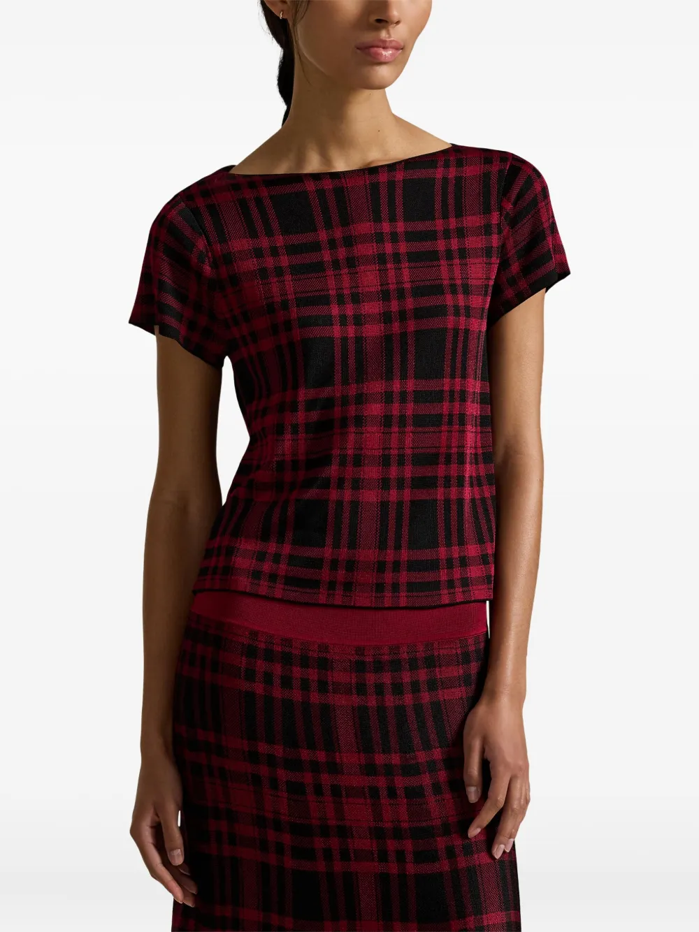 Polo Ralph Lauren Boat-neck Plaid T-shirt In Burgundy