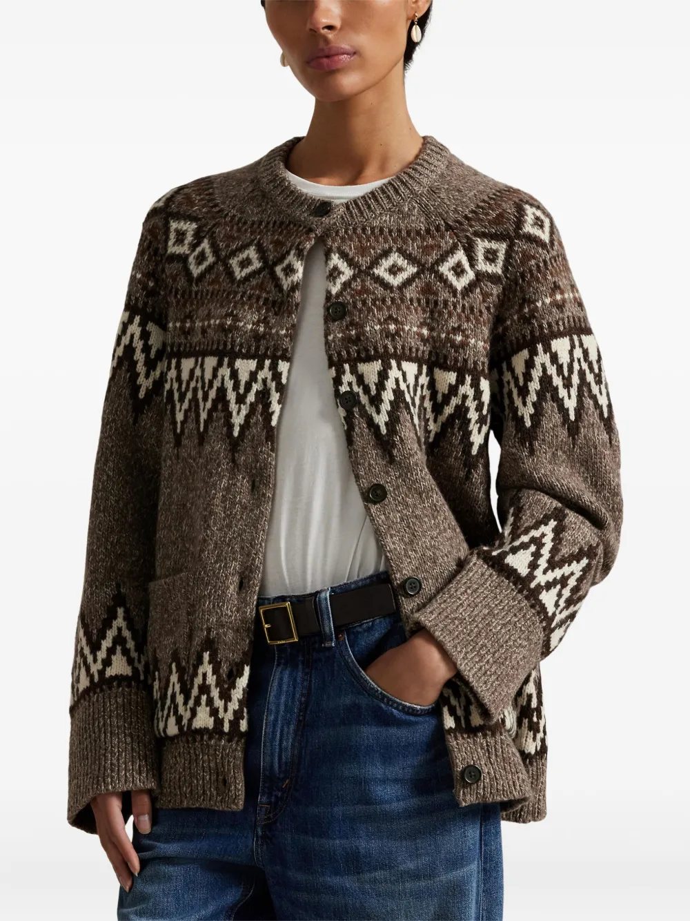 Polo Ralph Lauren Fairisle-pattern Crew-neck Cardigan In Brown