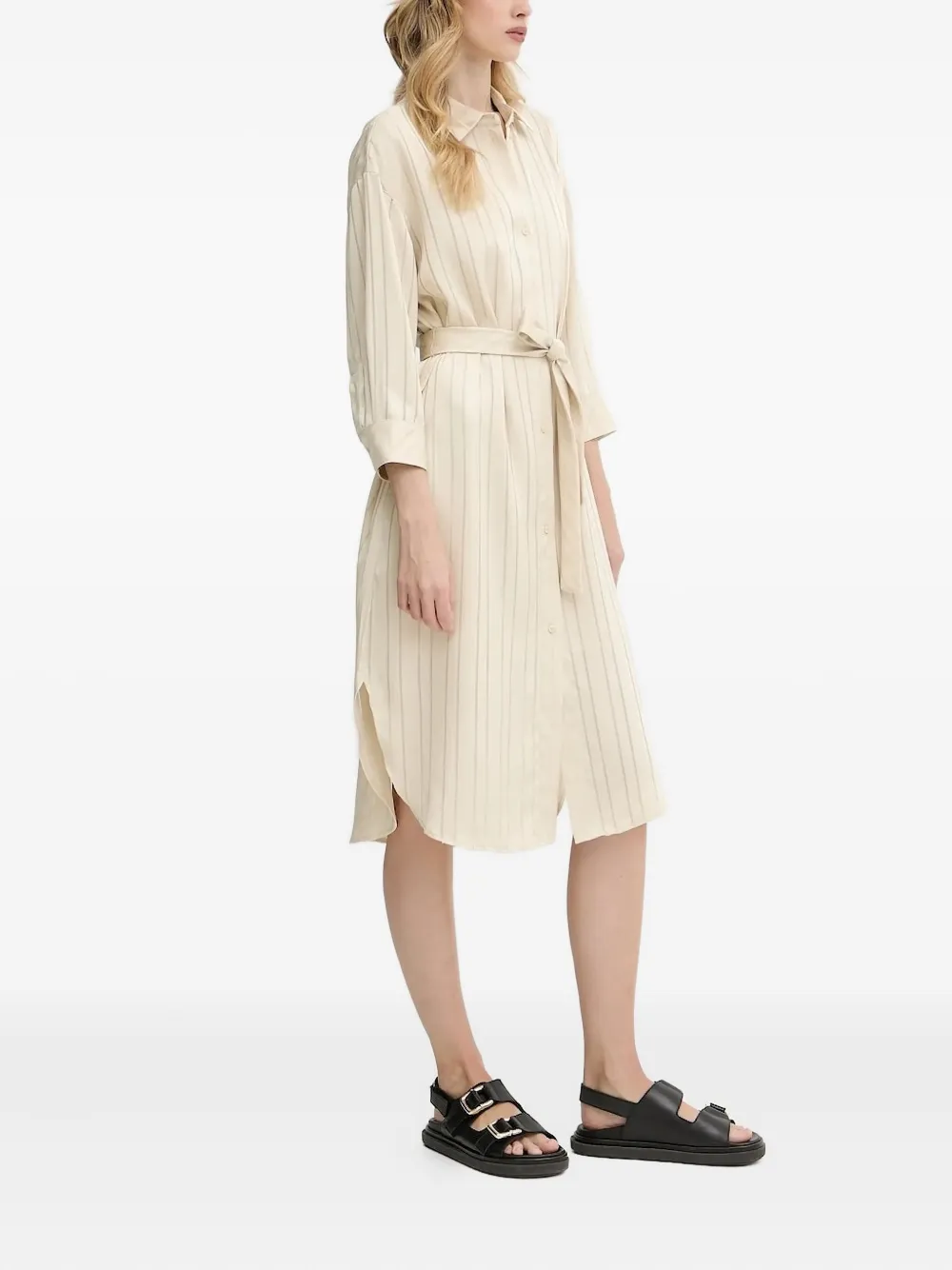 Armani Exchange pinstripe belted shirt midi day dress | Neutrals | Image 1