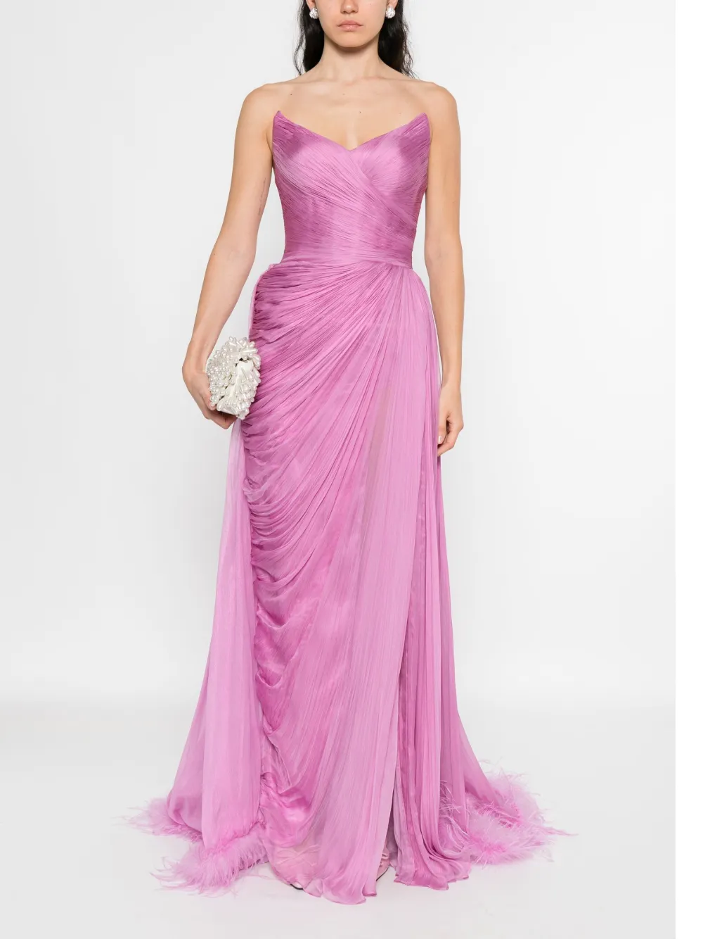 Iris Serban Maxi-plooijurk met veren Roze