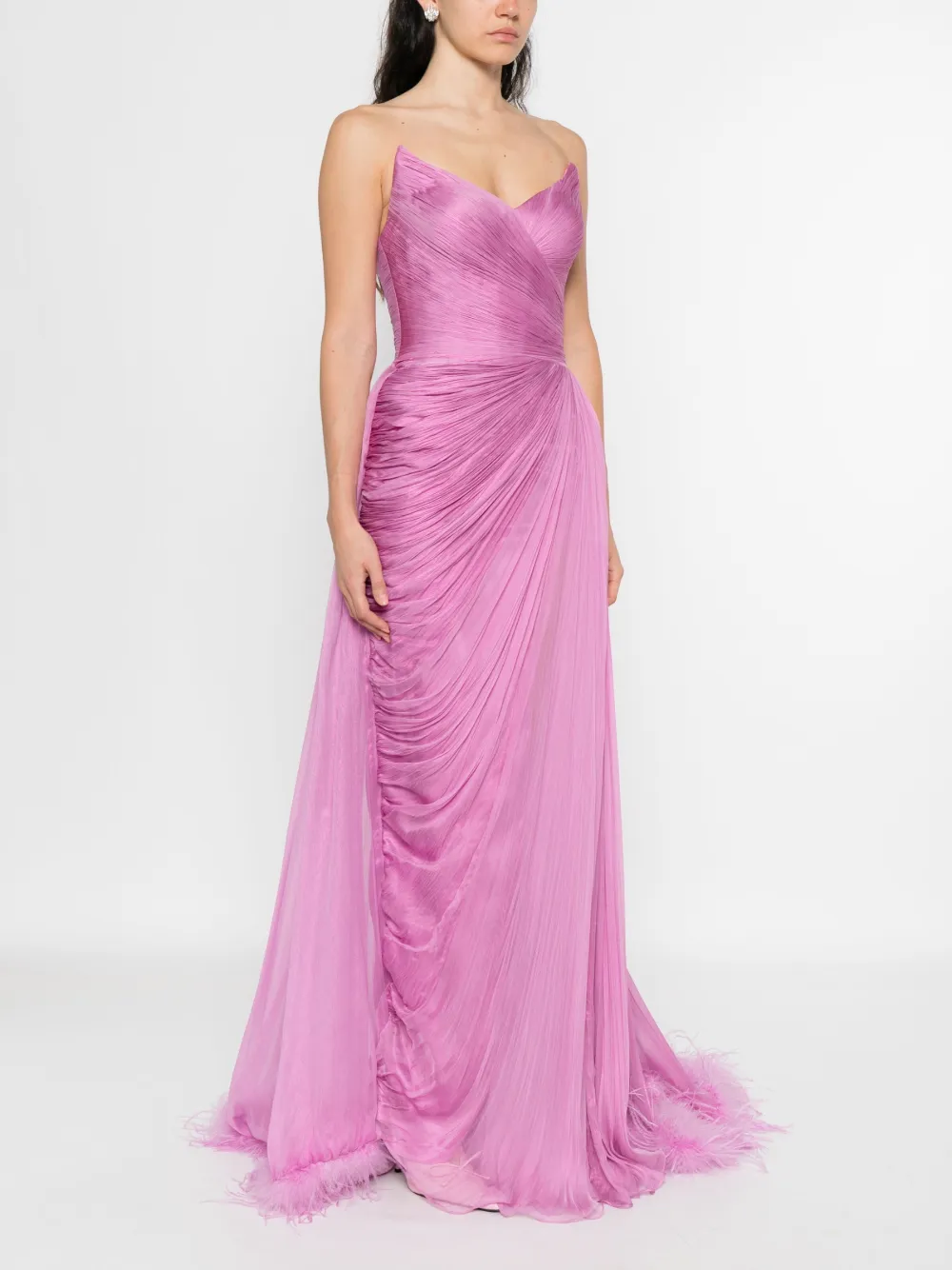 Iris Serban Maxi-plooijurk met veren Roze