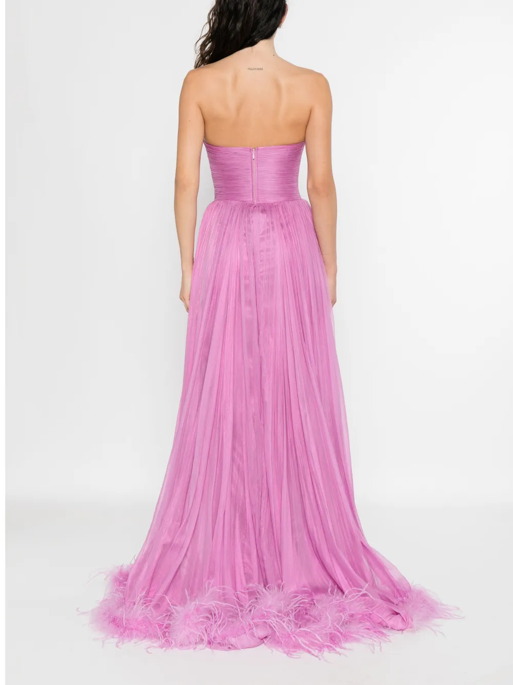 Iris Serban Maxi-plooijurk met veren Roze