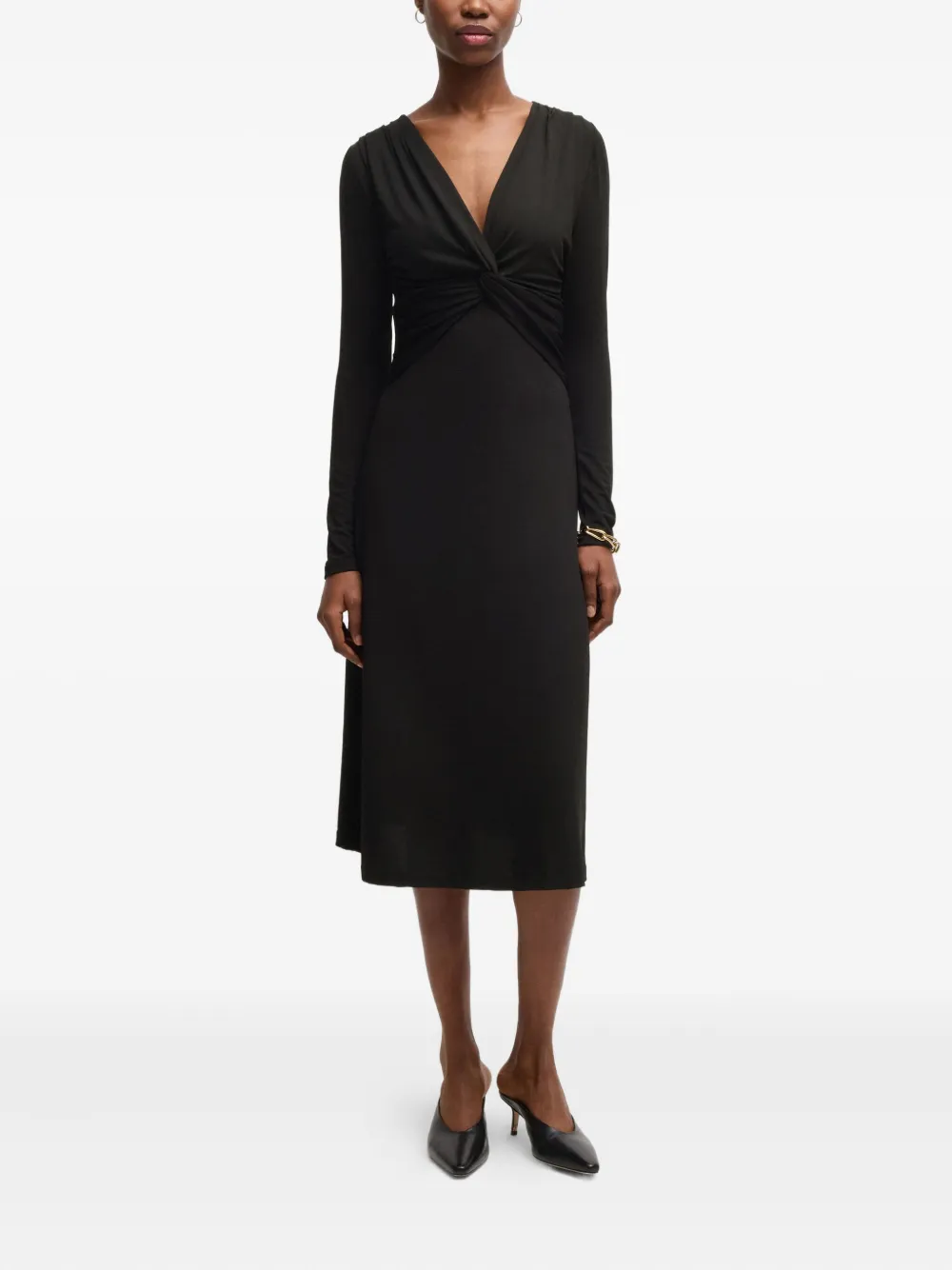 BOSS twist-detail long-sleeve midi dress Zwart