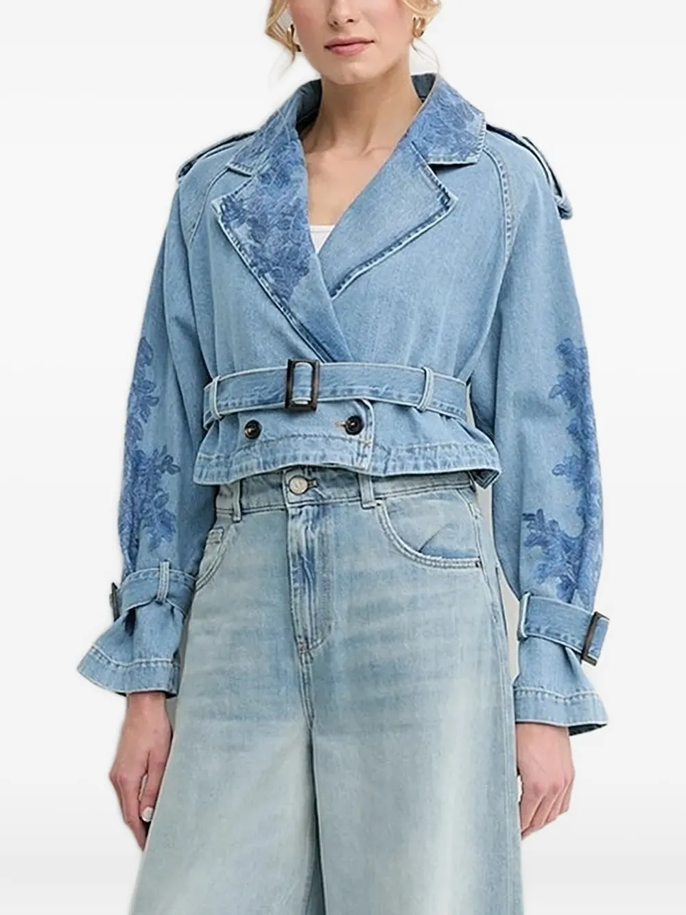 Ermanno Scervino Embroidered Belted Denim Jacket In Blue