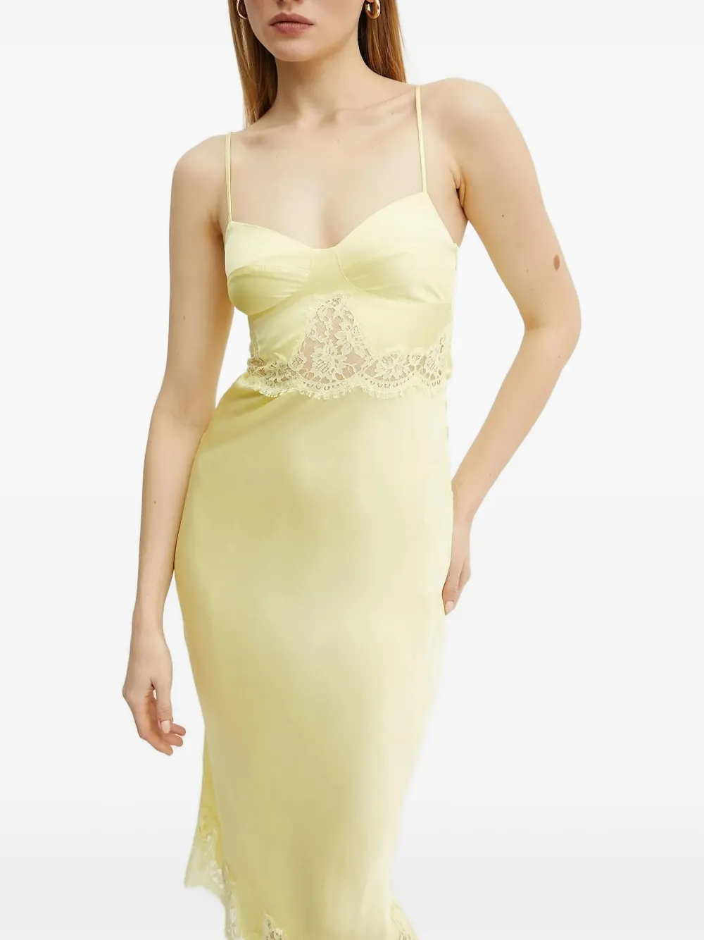 Ermanno Scervino Lace-trimmed Satin Slip Midi Dress In Yellow