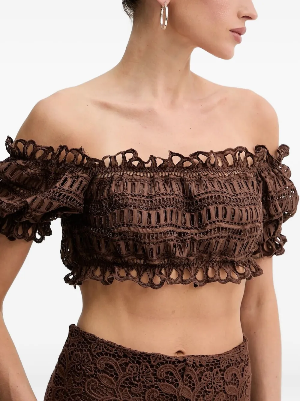 Ermanno Scervino Off-shoulder Embroidered-eyelet Top In Brown