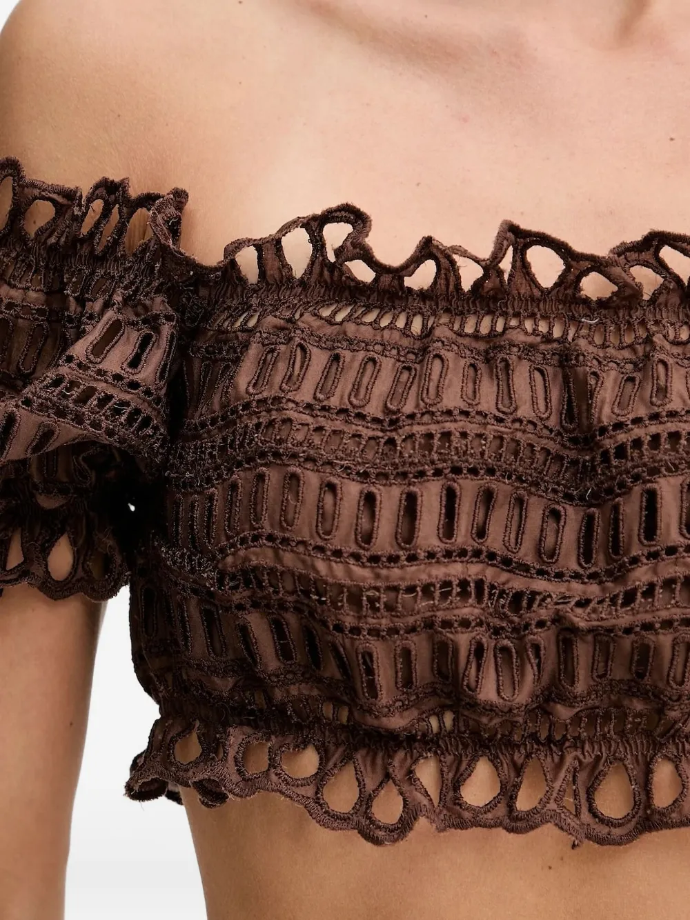 Ermanno Scervino Off-shoulder Embroidered-eyelet Top In Brown