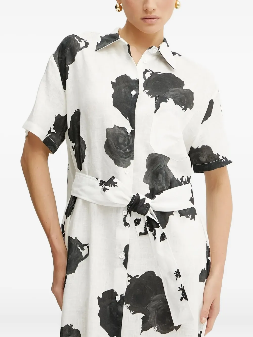 Liviana Conti Midi-blousejurk met rozenprint en ceintuur Wit