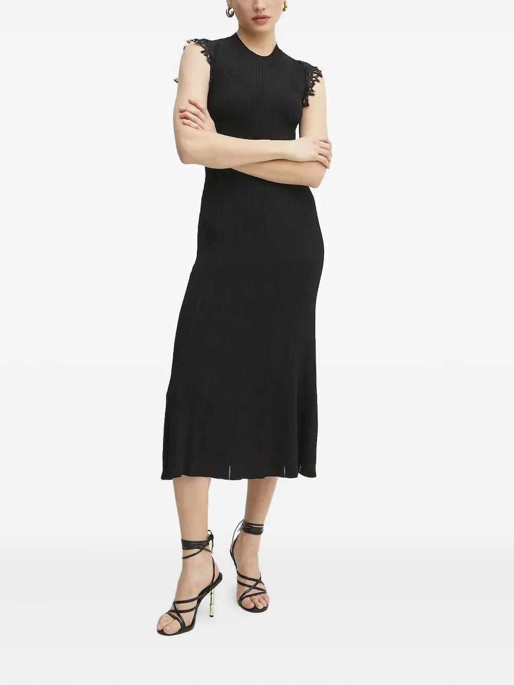 Ermanno Scervino Lace-trimmed Ribbed-knit Midi Dress In Black
