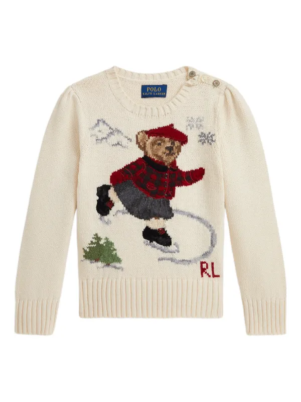 POLO RALPH LAUREN KIDS ice-skating bear-intarsia Cotton Sweater Neutrals  FARFETCH PH