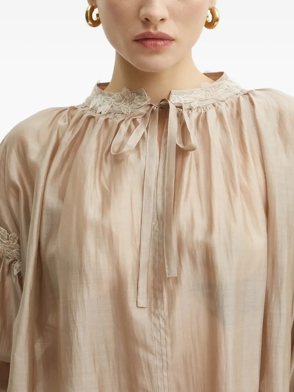 Ermanno Scervino Top met afwerking van kant en gestrikte hals Beige