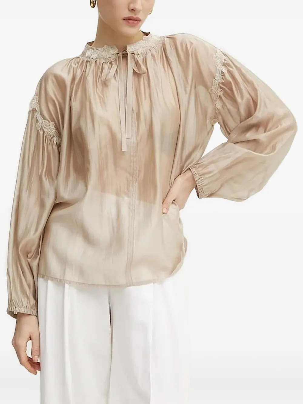 Ermanno Scervino lace-trimmed tie-neck top | Neutrals | Image 1