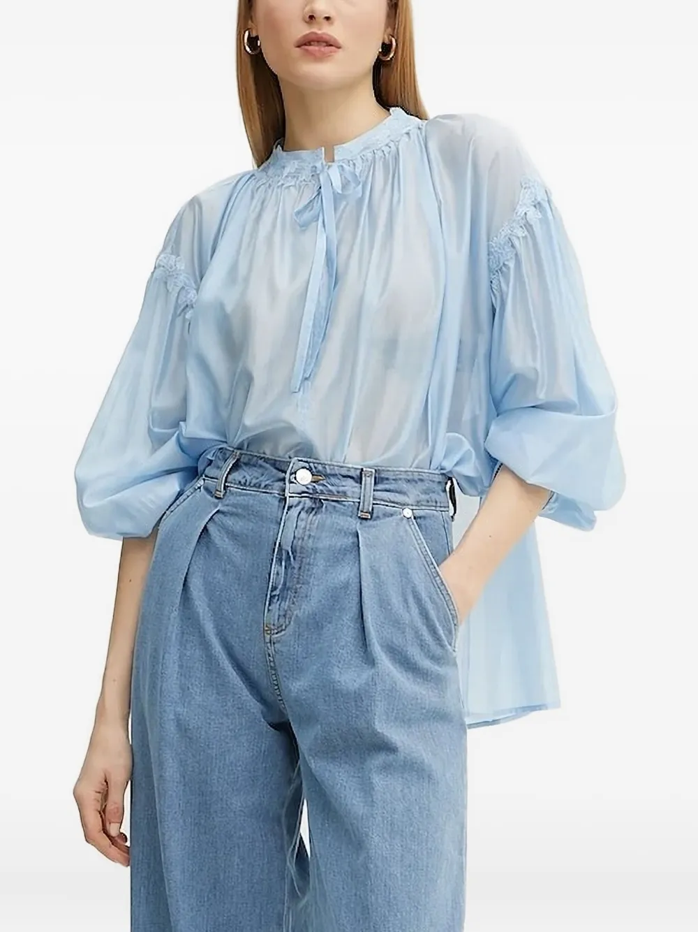 Ermanno Scervino lace-trimmed balloon-sleeve top | Blue | Image 1