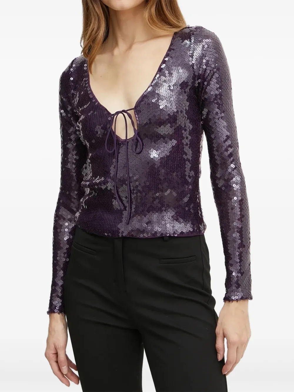 Bardot sequinned tie-neck top | Purple | Image 1
