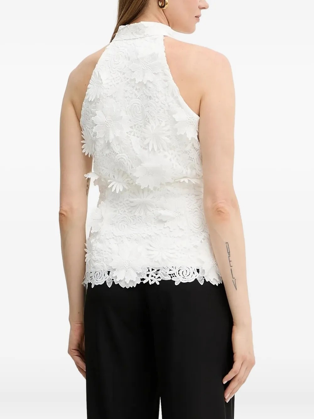 Bardot Top met bloemenkant en halternek - Wit