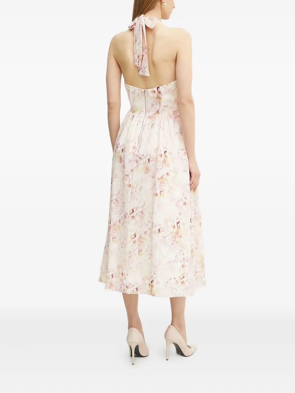 Bardot floral-print halter neck midi dress Roze
