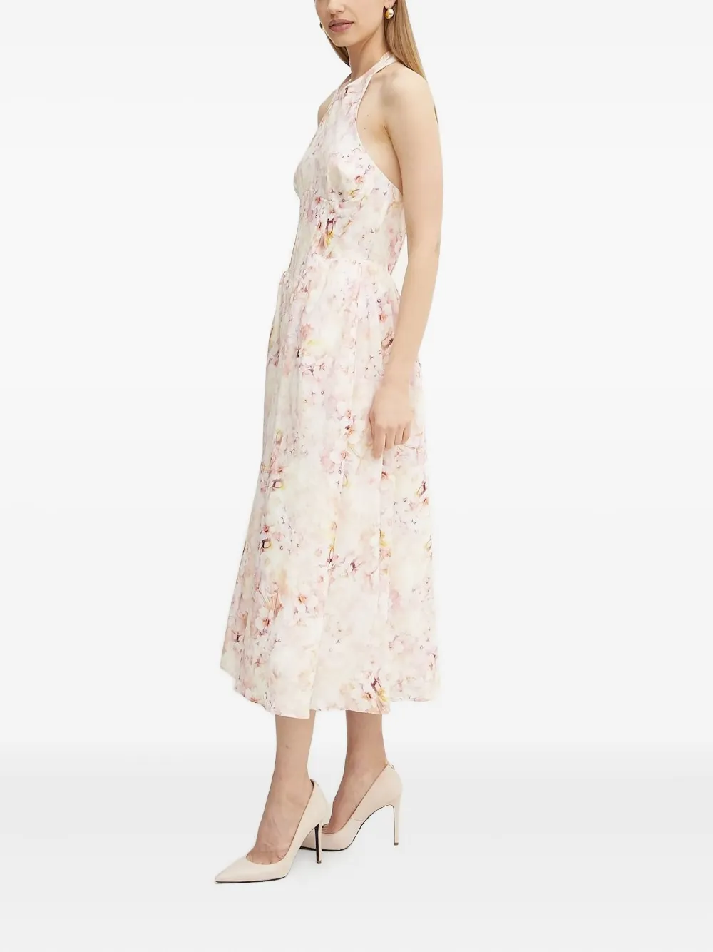 Bardot floral-print halter neck midi dress Roze