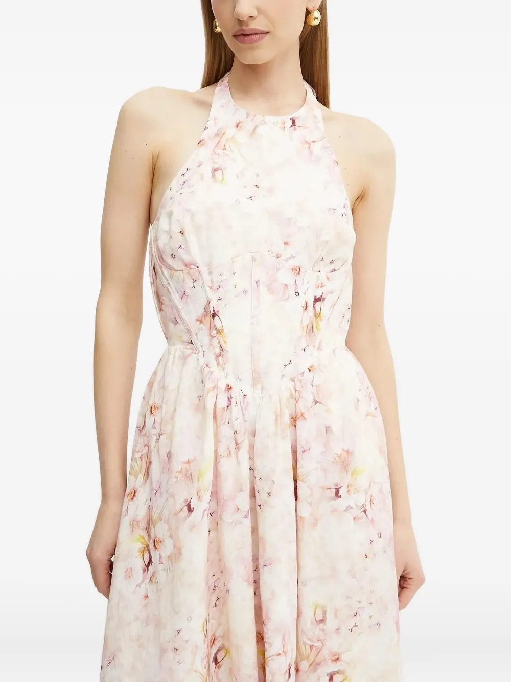 Bardot floral-print halter neck midi dress Roze