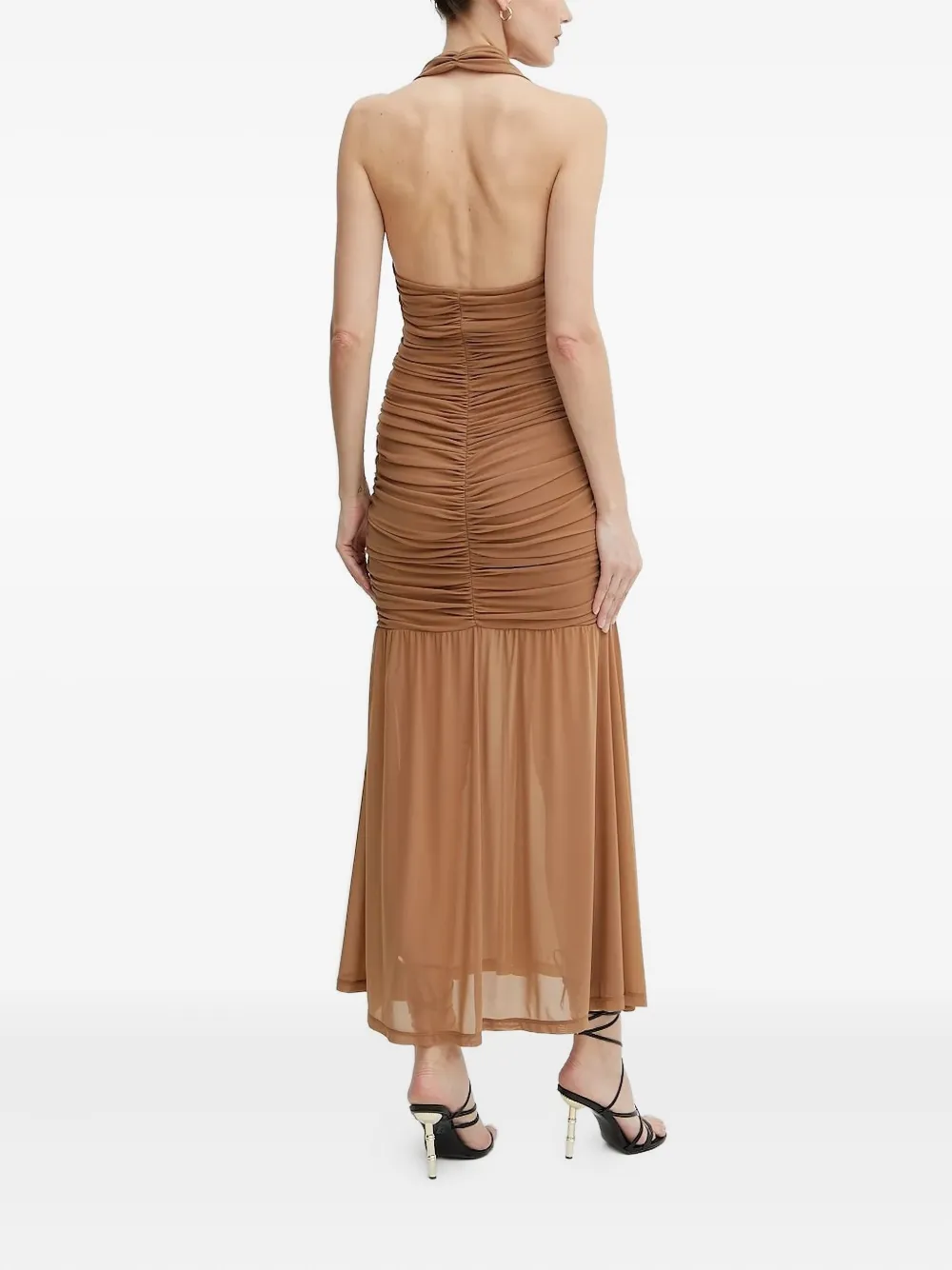 Bardot Jurk met halternek en ruches - Bruin