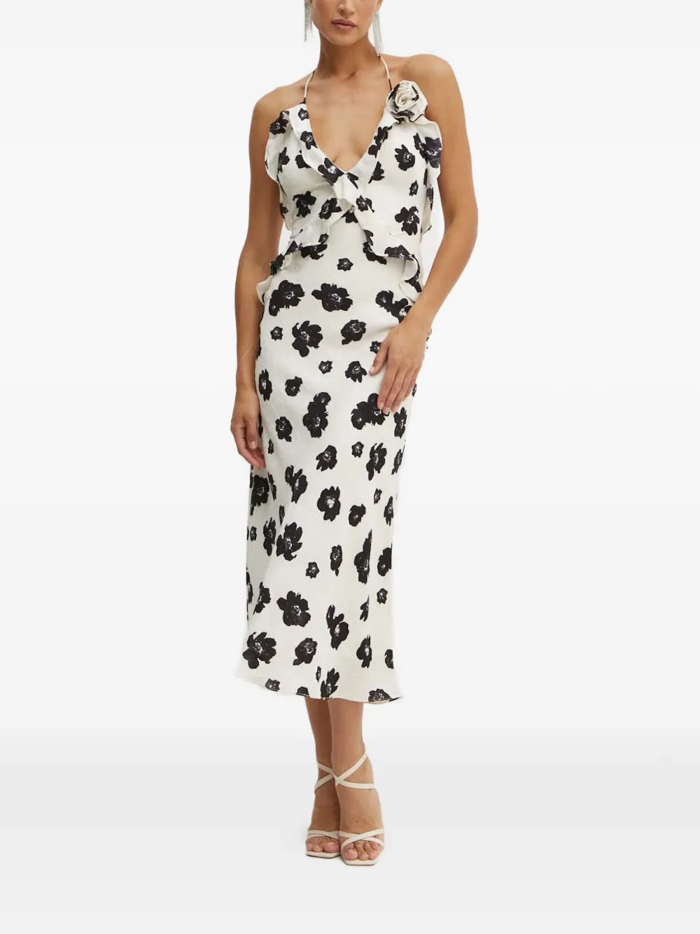 Bardot Olea floral-pattern ruffled-trim midi dress - Bianco