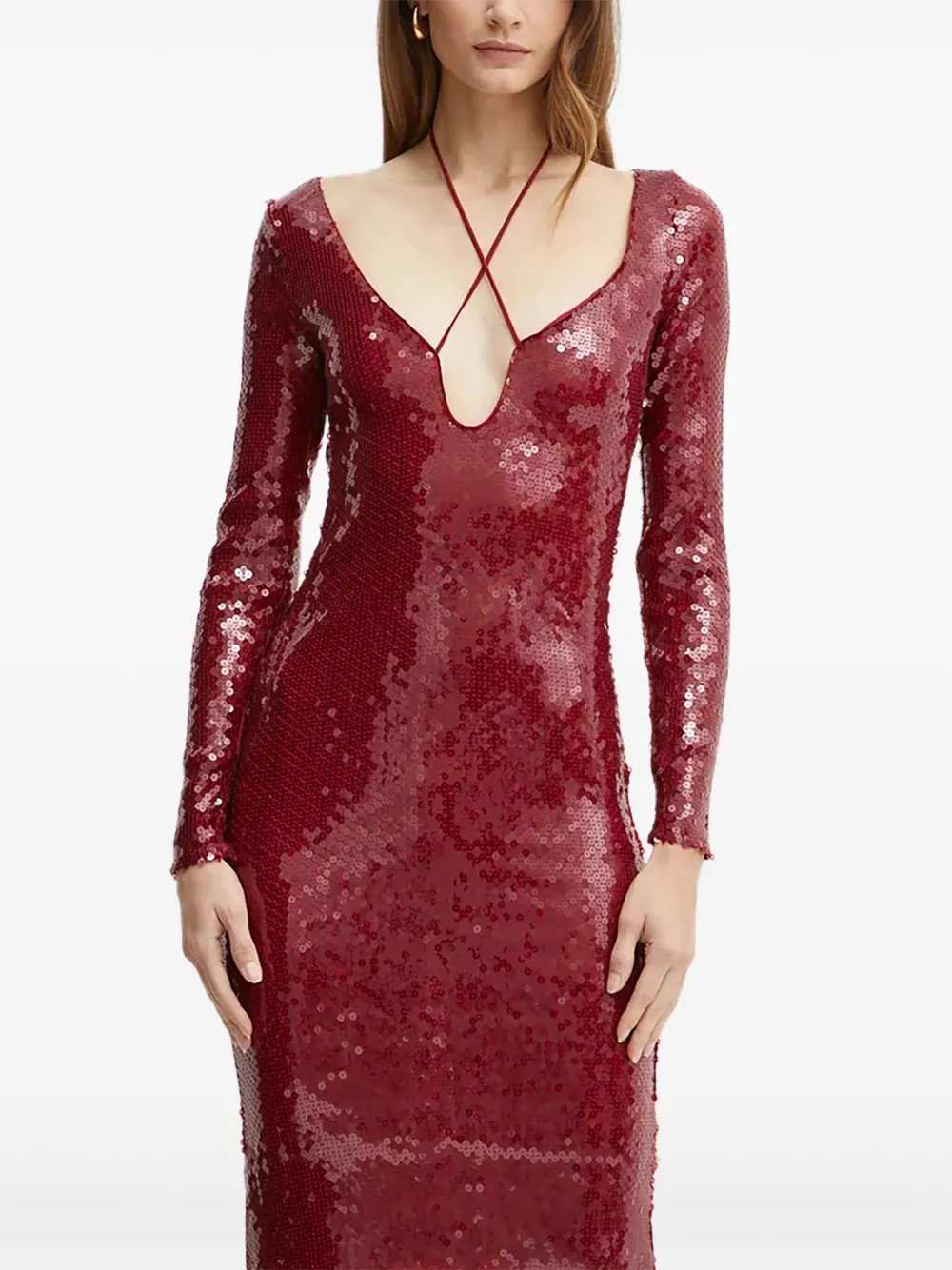 Bardot Sequin Long-sleeve Midi Dress In Red