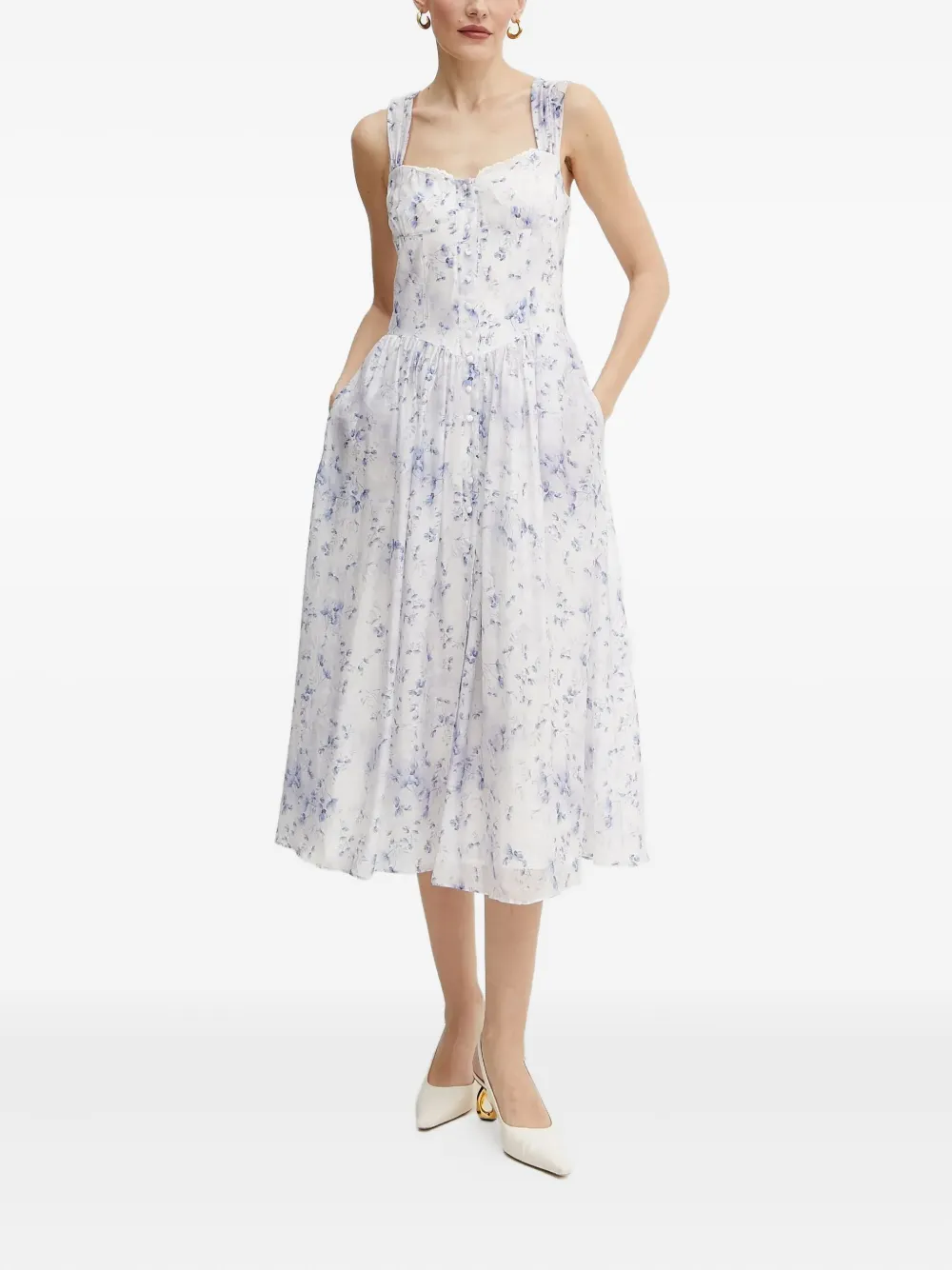 Bardot Floral-print Button-front Midi Dress In White