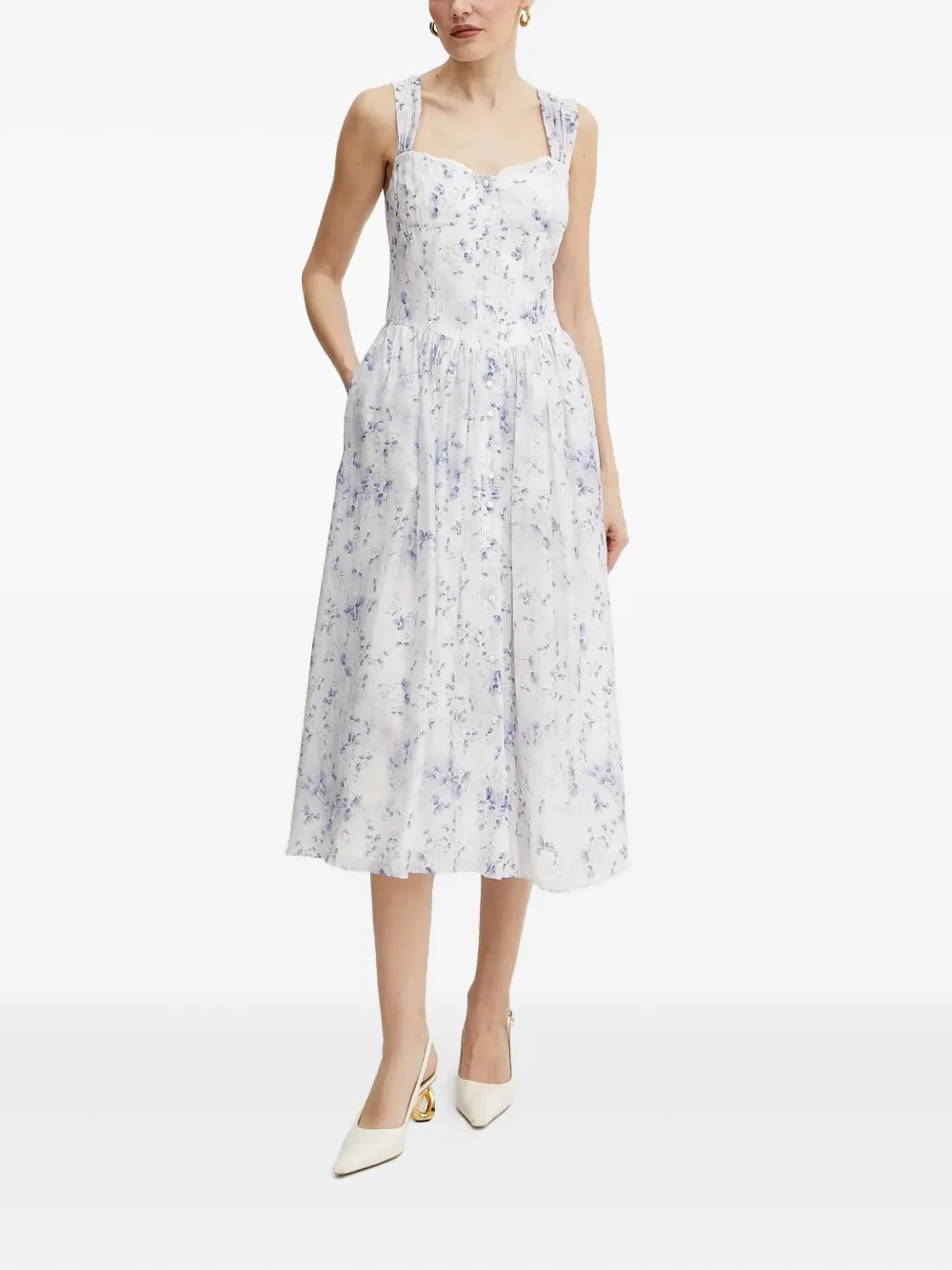 Bardot Midi-jurk met bloemenprint en knopen Wit